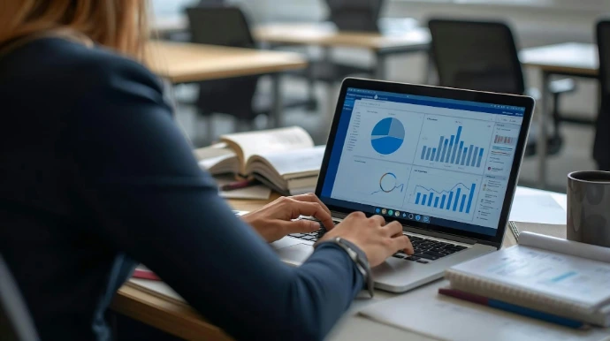 Woman working on laptop with charts and graphs